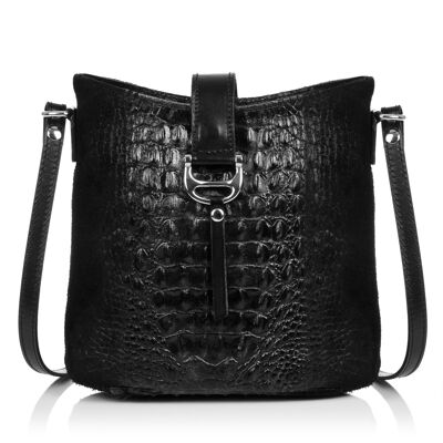 Generous Women's Shoulder Bag. Genuine Leather Suede Crocodile Engraving - Black