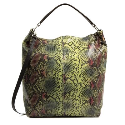 Mafalda Woman Shopper Bag. Genuine Leather Suede Snake Print - Green