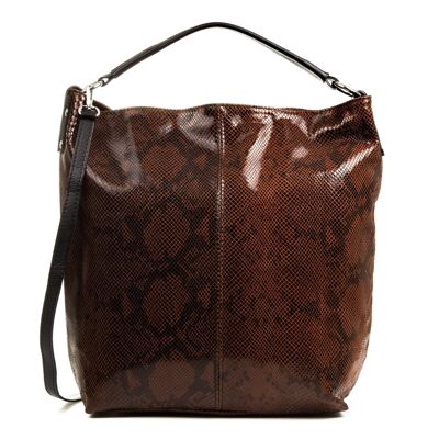 Mafalda Woman Shopper Bag. Genuine Leather Suede Snake Print - Brown