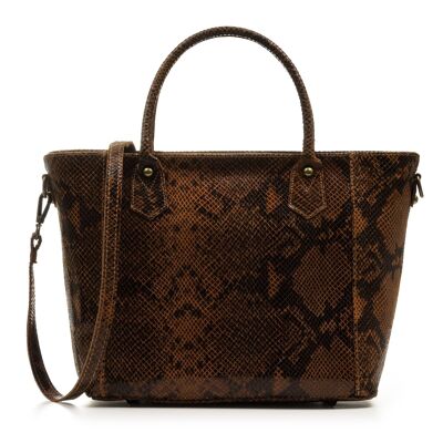 Paola Women's Tote Bag. Genuine Leather Suede Snake Print - Brown