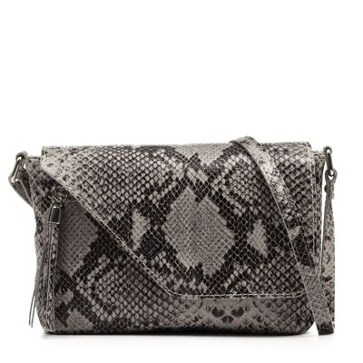 Perla Women's Shoulder Bag. Genuine Leather Suede Snake Print - Gray