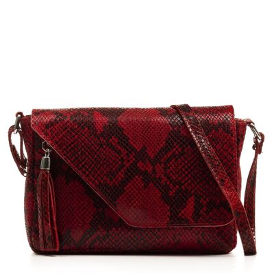 Perla Women's Shoulder Bag. Genuine Leather Suede Snake Print - Red