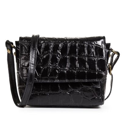 Telica Women's Shoulder Bag. Genuine Leather Suede Crocodile Engraving - Black