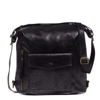 Irene Women's Backpack Shoulder Bag. Genuine Leather Suede Stonewashed - Black