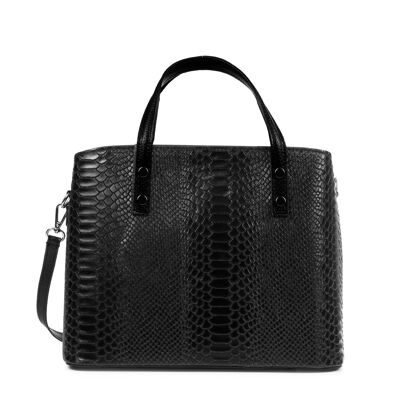 Vittoria Women's Tote Bag. Genuine Leather Suede Engraved Snake - Black