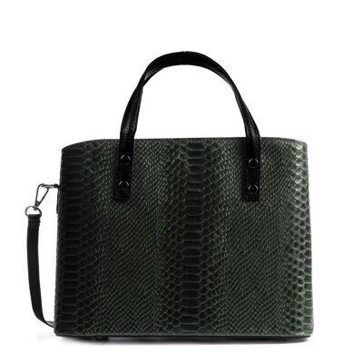 Vittoria Women's Tote Bag. Genuine Leather Suede Embossed Snake - Dark Green