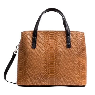 Vittoria Women's Tote Bag. Genuine Leather Suede Snake Print - Light Brown