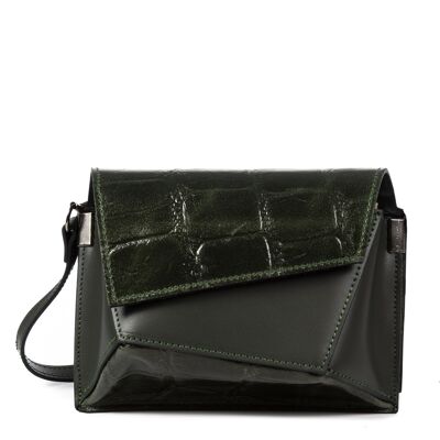 Alessia Women's Shoulder Bag. Genuine Leather Suede Engraved Crocodile Large Ruga - Dark Green