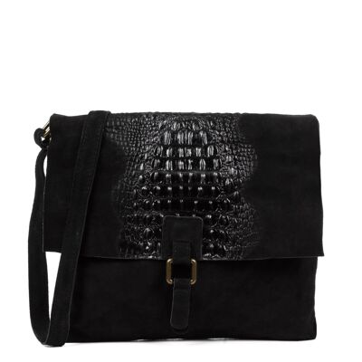 Daniela Women's shoulder bag. Genuine Leather Suede Crocodile Engraving - Black