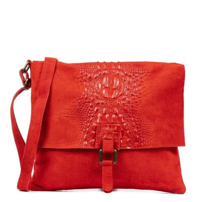Daniela Women's shoulder bag. Genuine Leather Suede Crocodile Engraving - Red