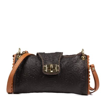 Dianora Women's Shoulder Bag. Genuine Sauvage Leather Vegetable Engraving - Black; Leather
