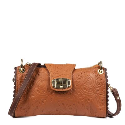 Dianora Women's Shoulder Bag. Genuine Sauvage Leather Vegetable Engraving - Leather; Brown