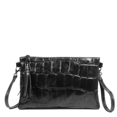 Ermine Bolso bandolera Mujer.Piel auténtica Gamuza Grabado Cocodrilo Grande - Negro