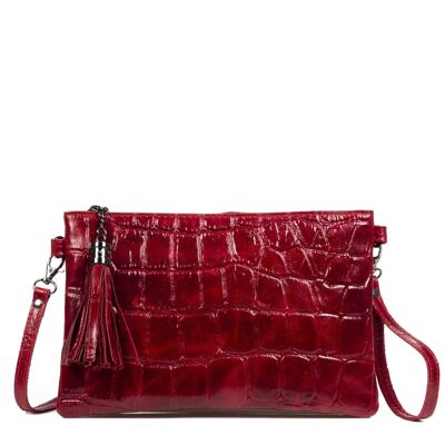 Ermine Women's Shoulder Bag. Genuine Leather Suede Embossed Crocodile Large - Dark Red