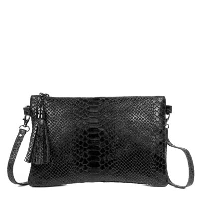 Ermine Women's Shoulder Bag. Genuine Leather Suede Snake Engraving - Black