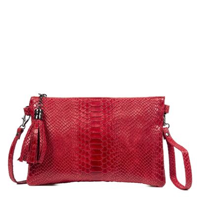 Ermine Women's Shoulder Bag. Genuine Leather Suede Engraved Snake - Dark Red