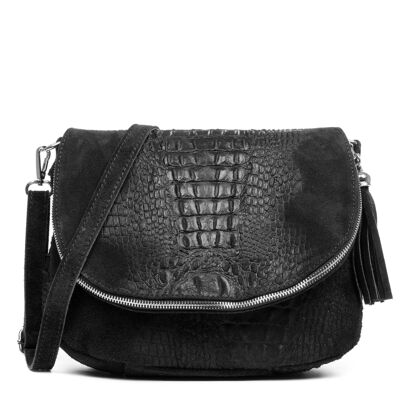 Amanda Women's Shoulder Bag. Genuine Leather Suede Crocodile Engraving - Black