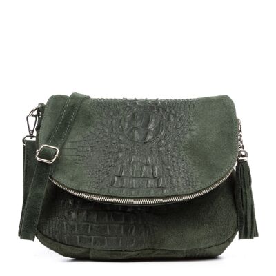 Amanda Women's Shoulder Bag. Genuine Leather Suede Crocodile Engraving - Green