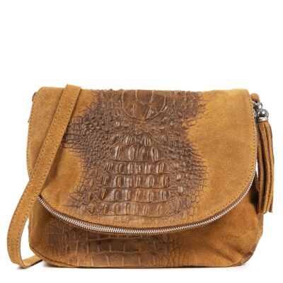 Amanda Women's Shoulder Bag. Genuine Leather Suede Crocodile Engraving - Leather