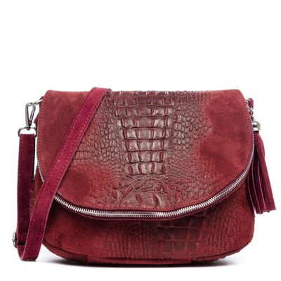 Amanda Women's Shoulder Bag. Genuine Leather Suede Crocodile Engraving - Dark Garnet