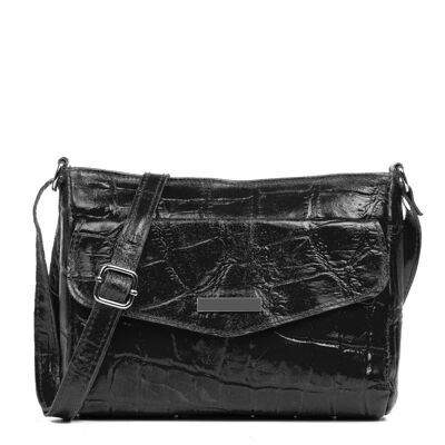 Nolita Women's Shoulder Bag. Genuine Leather Suede Embossed Crocodile Large - Black