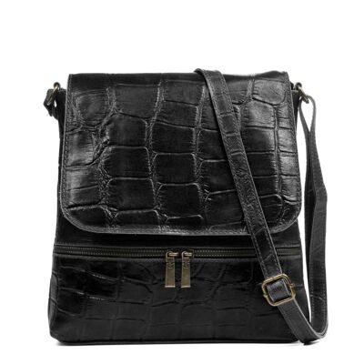 Orlena Women's Shoulder Bag. Genuine Leather Suede Engraved Crocodile Large - Black