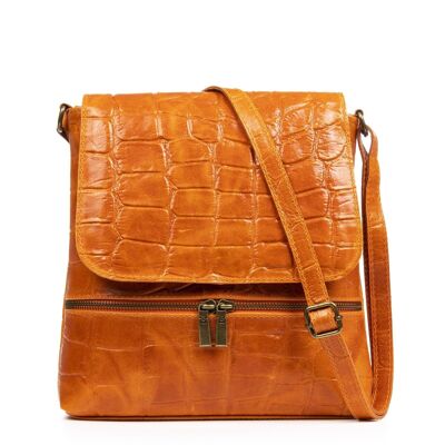 Orlena Women's Shoulder Bag. Genuine Leather Suede Engraved Crocodile Large - Orange