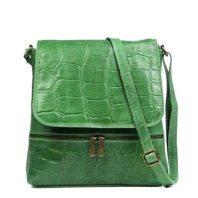 Orlena Women's Shoulder Bag. Genuine Leather Suede Engraved Crocodile Large - Green