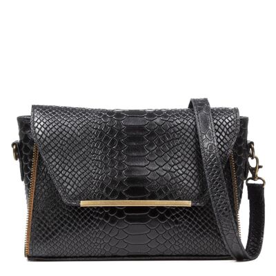 Mariola Women's shoulder bag. Genuine Leather Suede Engraving Snake - Black