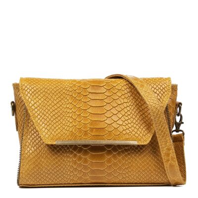 Mariola Women's shoulder bag. Genuine Leather Suede Snake Engraving - Mustard