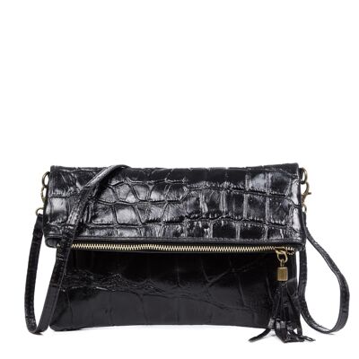 Lecce Women's Shoulder Bag. Genuine Leather Suede Crocodile Engraving - Black