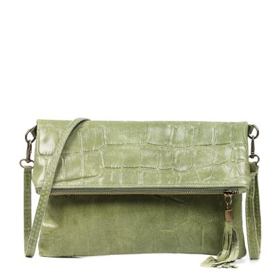 Lecce Women's Shoulder Bag. Genuine Leather Suede Crocodile Engraving - Mint Green