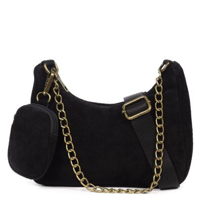 Acate Women's shoulder bag. Genuine Suede Leather - Black