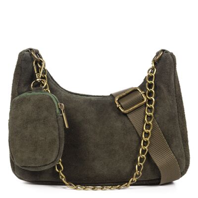 Acate Women's shoulder bag. Genuine Suede Leather - Dark Green