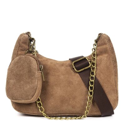 Acate Women's shoulder bag. Genuine Suede Leather - Dark Taupe