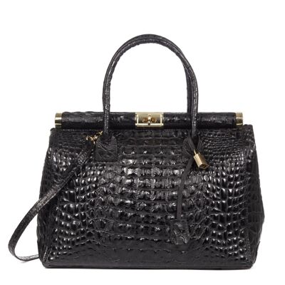 Acquasanta Women's Tote Bag. Genuine Leather Suede Embossed Crocodile - Black