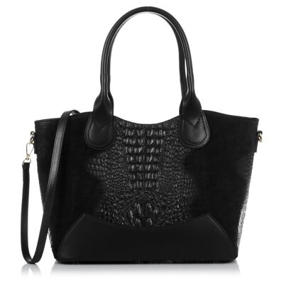 Adelfia Women's tote bag. Ruga Crocodile Embossed Genuine Leather - Black