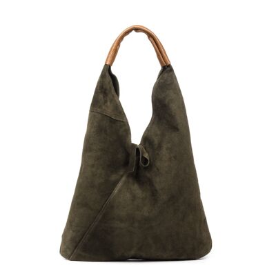 Agnana Women's Shopper Bag. Genuine leather Suede and Dollaro. - Military Green