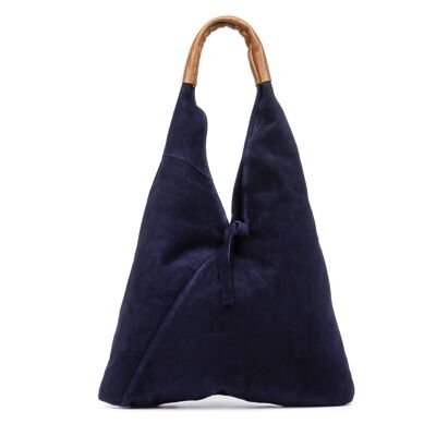 Agnana Women's Shopper Bag. Genuine leather Suede and Dollaro. - Navy blue