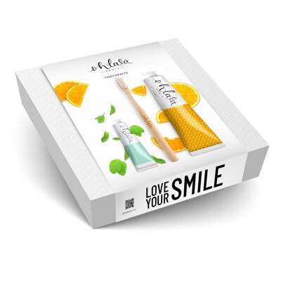 Coffret Cadeau Ohlalá - Dentifrice Orange Menthe + Menthe Fraîche 15 ml + Brosse à dents en Bambou