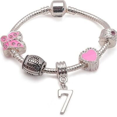 Childrens Pink 'Happy 7th Birthday' Silver Plated Charm Bead Bracelet 16cm