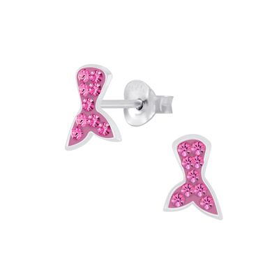 Aretes de plata de ley para niños con forma de cola de sirena brillante y rosa rosa