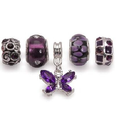 Set di 5 ciondoli e perline viola placcati argento