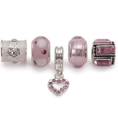 Set mit 5 versilberten rosa Charms und Perlen