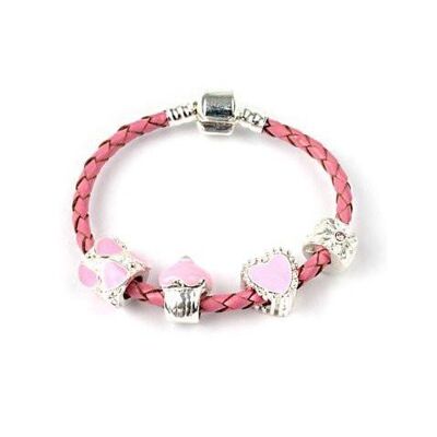 Kinderarmband „Love and Kisses“ aus rosafarbenem Leder mit Charm-Perlen, 15 cm
