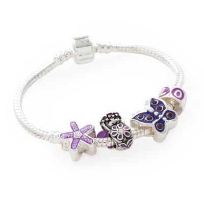 Bracelet Enfant 'Purple Fairy' Plaqué Argent Perles Charm 15cm