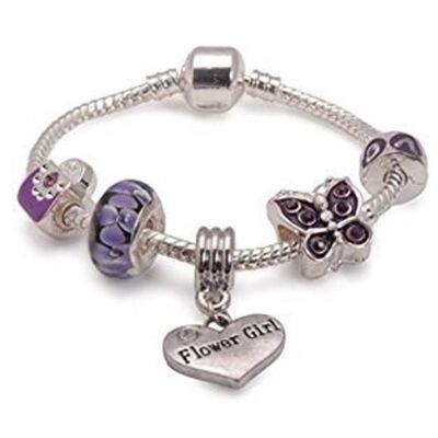 Children's Flower Girl 'Purple Butterfly' Silver Plated Charm Bead Bracelet