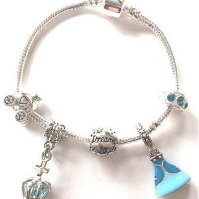 Bracelet Enfant Bleu 'Fairytale Princess' Plaqué Argent Perle Charm 15cm