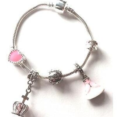 Bracelet Enfant Rose 'Fairytale Princess' Plaqué Argent Perles Charmes 15cm