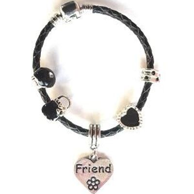 Children's Friend 'Simply Black' Silver Plated Black Leather Charm Bead Bracelet